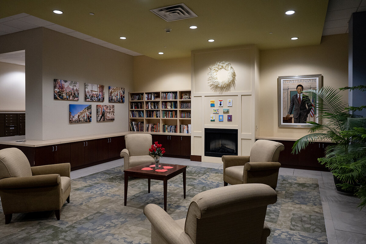 The lobby of the John C. Anderson Apartments includes a portrait of Mr. Anderson, a local politician, on the wall.